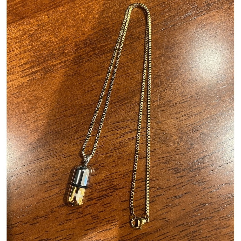 Gold Silver Pill Capsule Pendant Necklace Stainless Steel Box Chain 50cm
